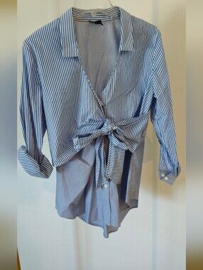 Bardot Blue and White Striped Tie-Front Button-Down Shirt